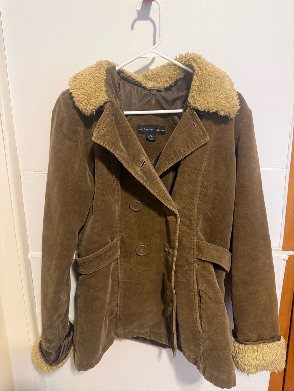 Rampage Women's Brown Corduroy Coat with Faux-Shearling Trim